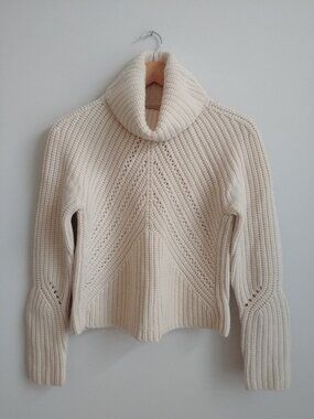Rag & Bone 100% wool chunky knit cowl turtleneckcream sweater with pointelle XS
